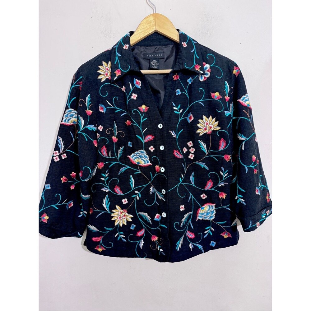SilkLand Black Silk Floral Embroidered Button-Up Top 3/4 Sleeves size L Art Wear